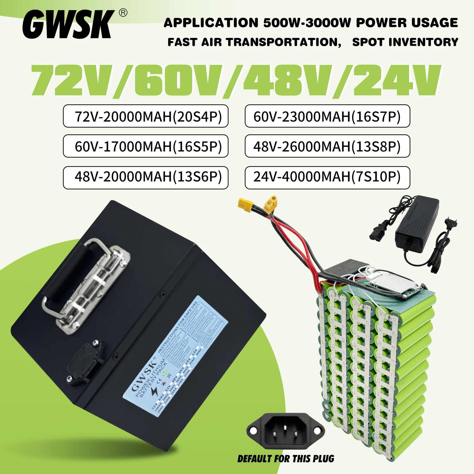 

Air cargo GWSK72V 60V48V18650 lithium-ion battery, BMS40AH+charger, suitable for power applications below 3000W