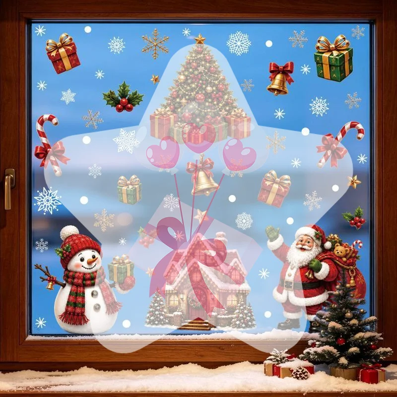 Christmas Window Wall Decal Sticker 1/2/4 Sheets Cartoon Snowflake Snowman Santa Claus for Storefront Xmas Decor