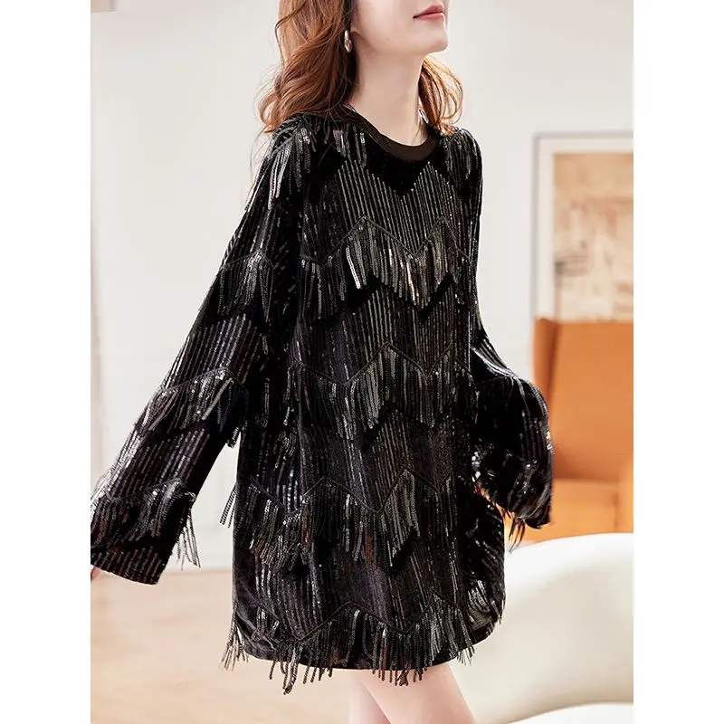 Fashion Medium and Long Fringed Sequined Velvet Chiffon Shirt  2026 Korean Version Temperament Loose Large Size Women's Clothing