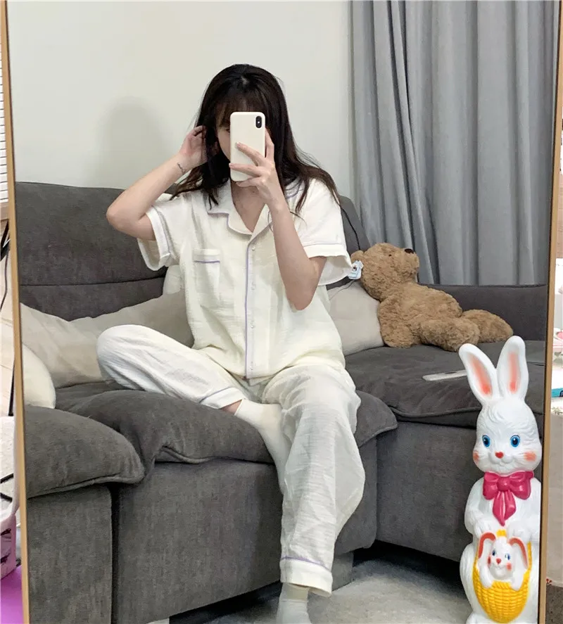 Solid Soft Cotton Spring Pajamas Set Women Single Breasted Shirts Tops + Trousers Two Piece Home Suit Pocket Sleepwear Sweet