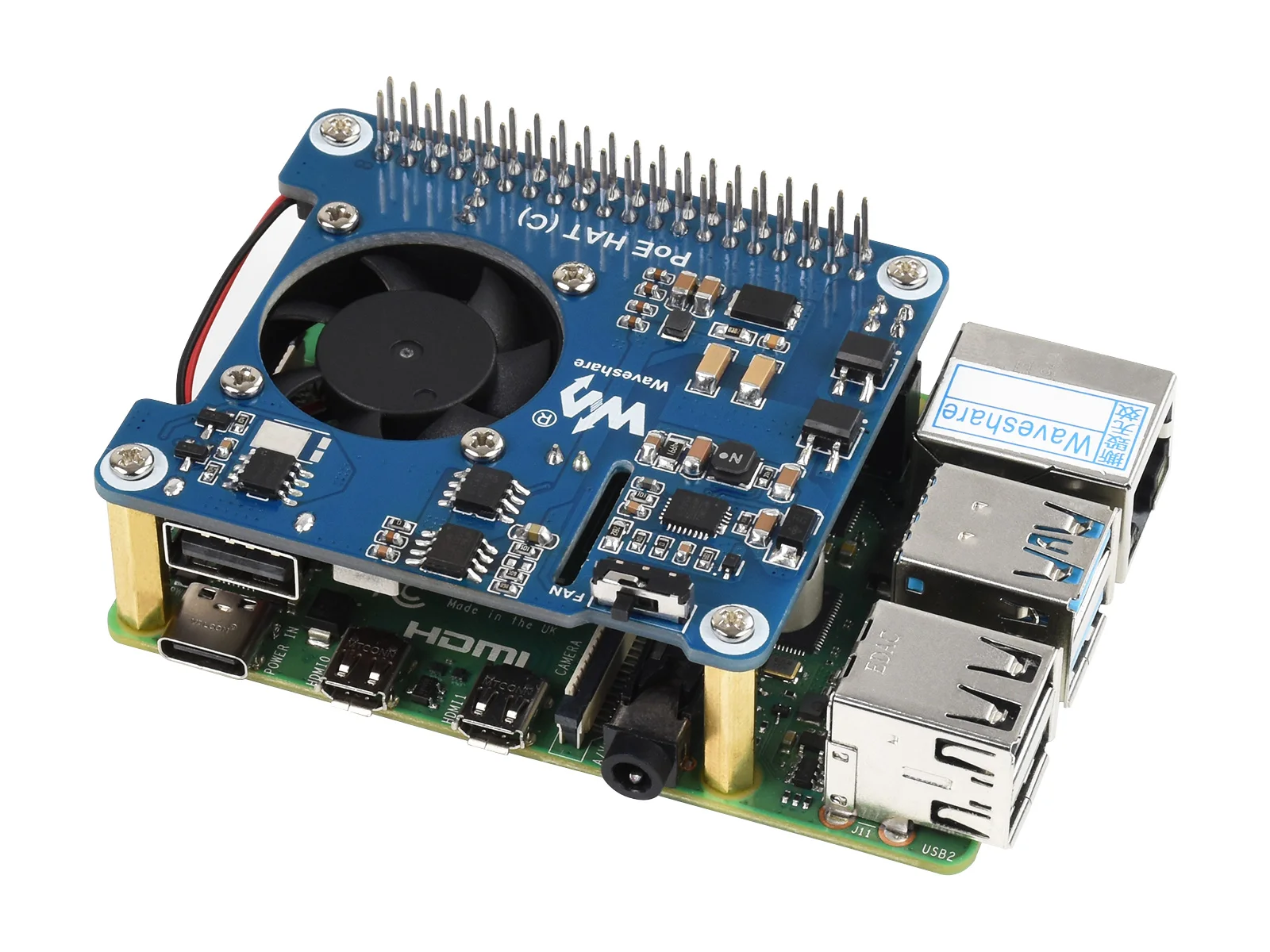 Waveshare Power Over Ethernet HAT (Typ C) POE HAT dla Raspberry Pi 3B+/4B, zgodny z 802.3af/at, Raspberry Pi 4 POE HAT — zdjęcie produktu 2