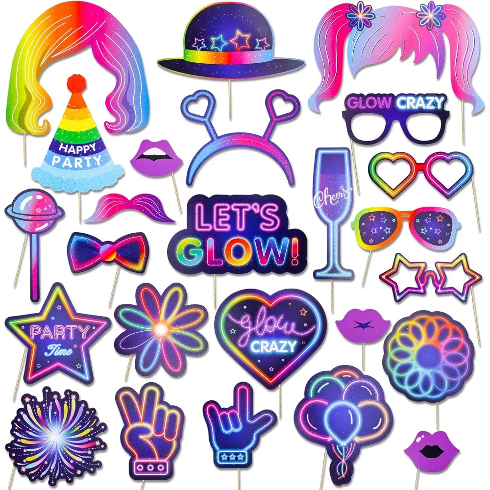 

25 Pieces Glow Party Photo Props, Neon Party Photo Booth Props, Fluorescent Selfie Props, Glow in The Dark Party Photo Props