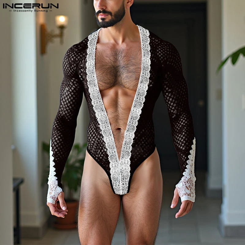 

INCERUN Men Bodysuits Lace Mesh Patchwork Deep V Neck Long Sleeve Male Rompers Sexy See Through Unisex Bodysuit S-5XL Playsuits