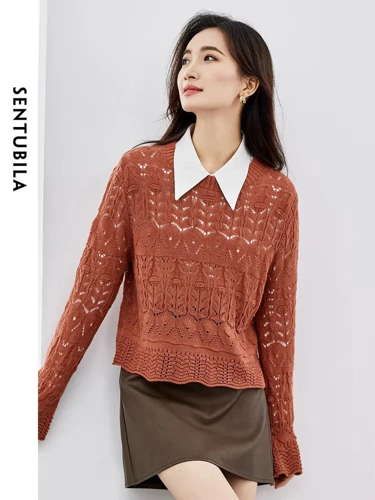 

SENTUBILA Hollow Out Sweater for Women 2024 Autumn Fashion Round Neck Elegant Long Sleeve Temperament Knit Top Jumpers W33E52449