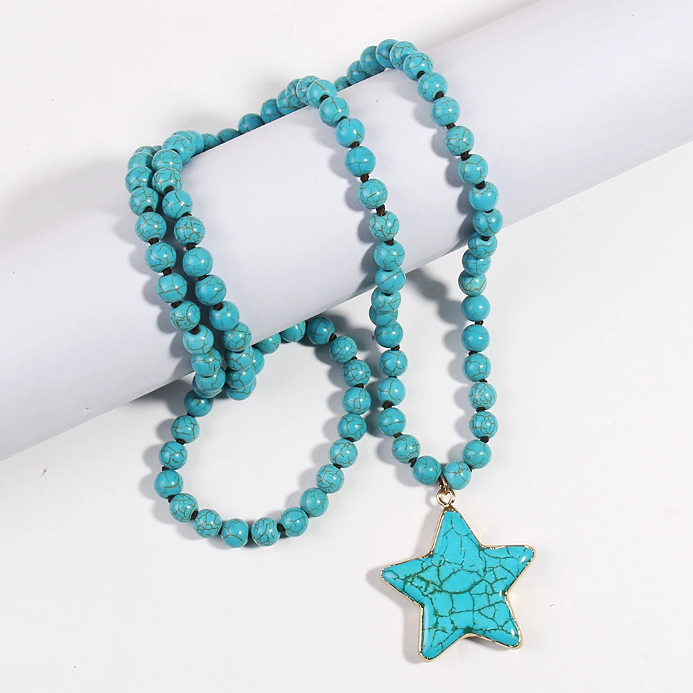 Fashion Bohemian Women Jewelry Turquoise/White Stone Long Knotted Necklace Star Pendant Necklaces for Women Gift