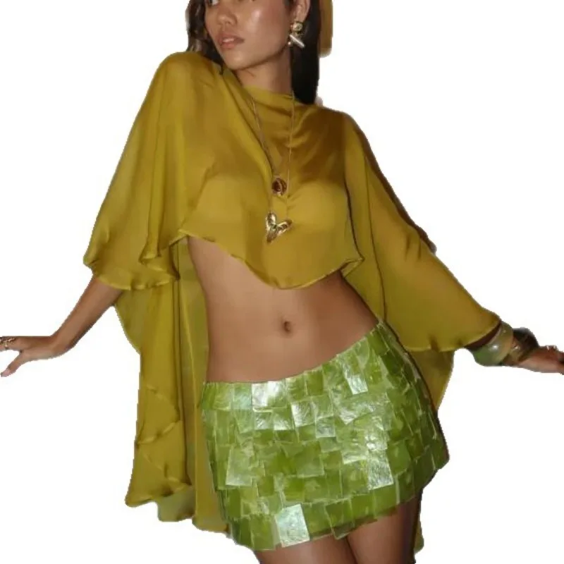 

Европейский и американский стиль внешней торговли, шифоновая шаль, летняя женская шифоновая рубашка, солнцезащитная одежда, пальто с нерегулярными рюшами по краям