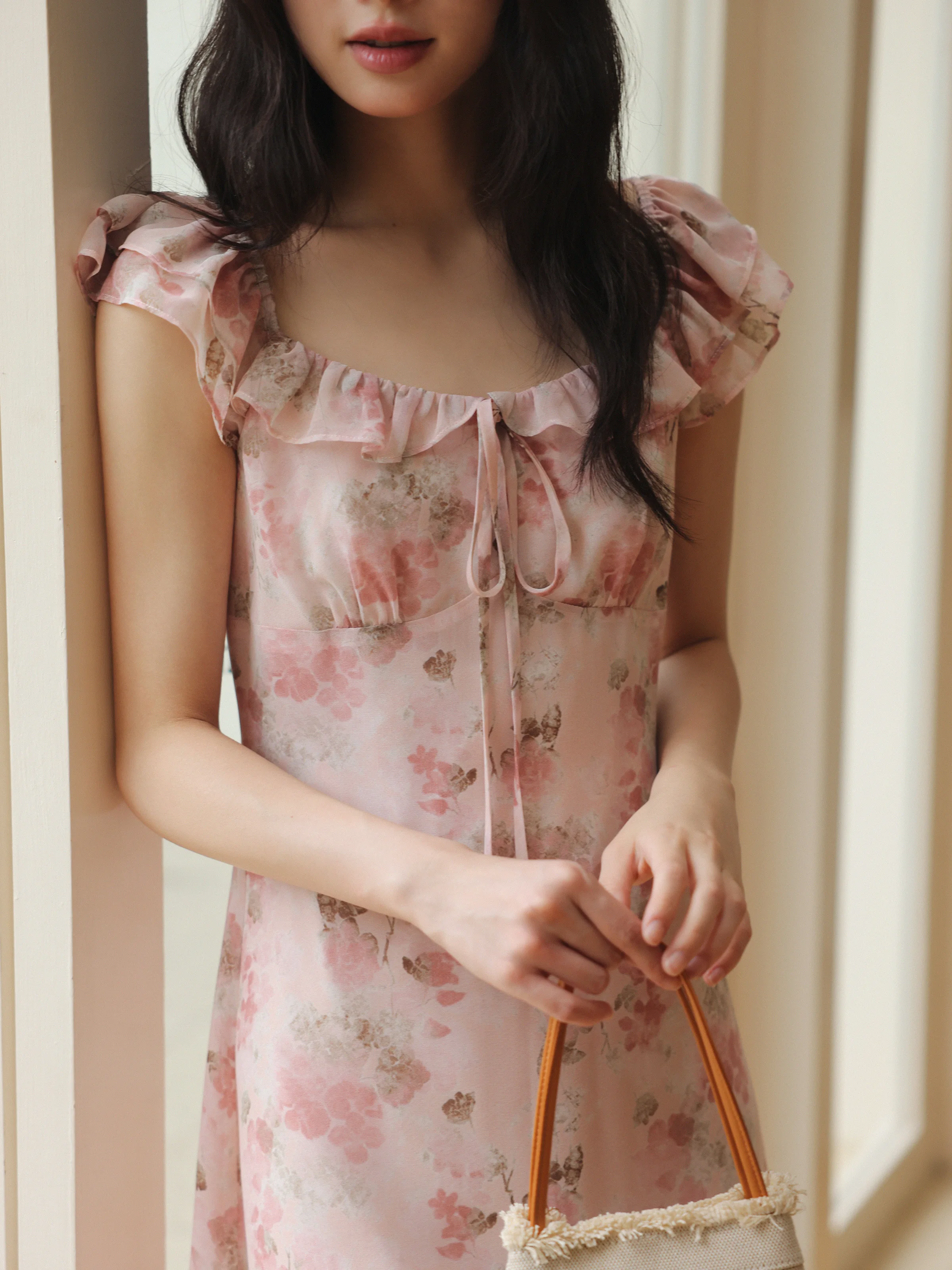 Vintage Floral Chiffon Maxi Dress Women Sweet Ruffle Sleeve Square Neck Summer Long Dress Elegant High Waist Slim Fit Sundress