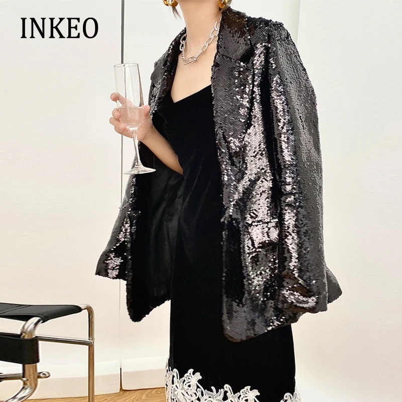 Black Paillette blazer women Spring Bling Loose Office lady Long sleeve Sequin jacket Elegant Club Clothing New INKEO 1O274