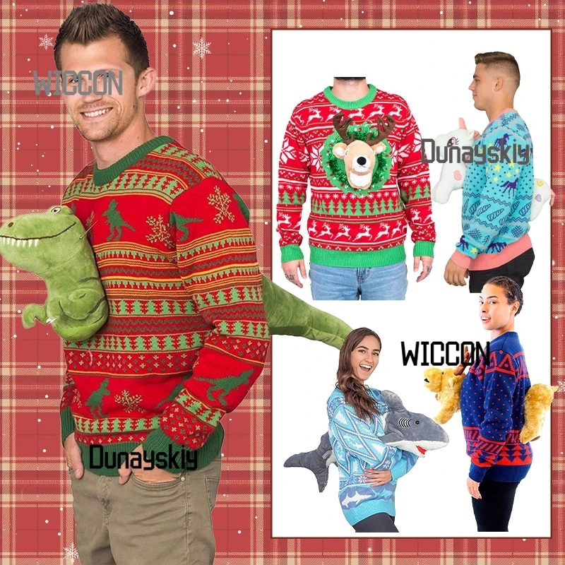 

Свитер, рождественские костюмы для косплея, забавный Jirai Kei, топ с изображением лося и акулы, винтажный топ с длинными рукавами для женщин и мужчин, Рождество, Хэллоуин, косплей