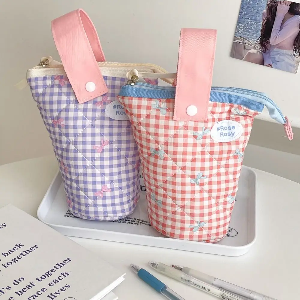 Organizer Checkered Bow Cylindrical Pencil Case Portable Foldable Pen Box Large Capacity Cotton Handbag Kids Children Gift