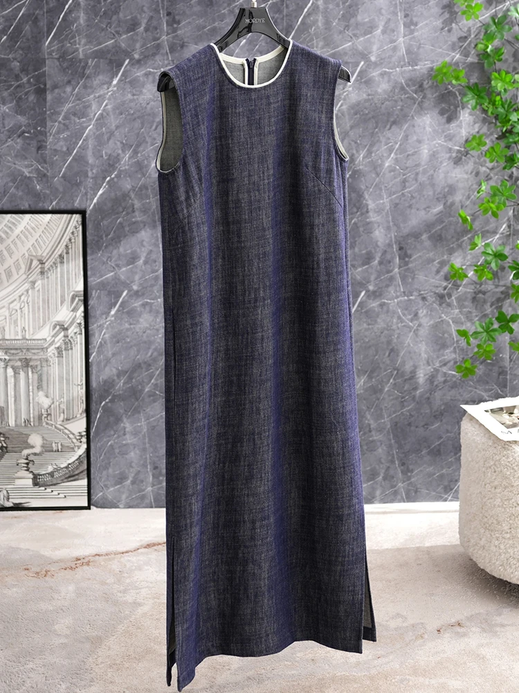 

Синее джинсовое льняное платье-сарафан без рукавов с длинной юбкой А-силуэта, в стиле футболки, повседневное, для работы, с свободной талией, весна-лето-осень