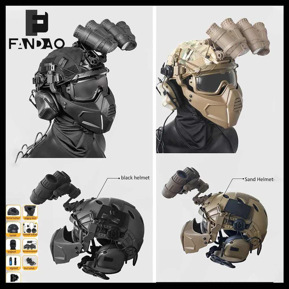 Tactical Helmet Set Airsoft Fast Helmet with Headset Safety Goggles NVG Model Full Face Mask for CS War Survival Game Training