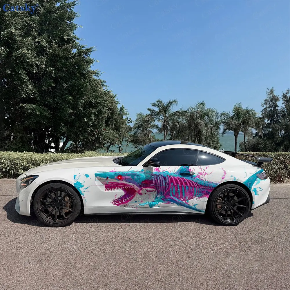 2pcs Cyber Dissected Fierce Shark Car Side Wraps, Self-Adhesive PVC Waterproof & Scratch-Resistant Stickers, Car Accessory Gift