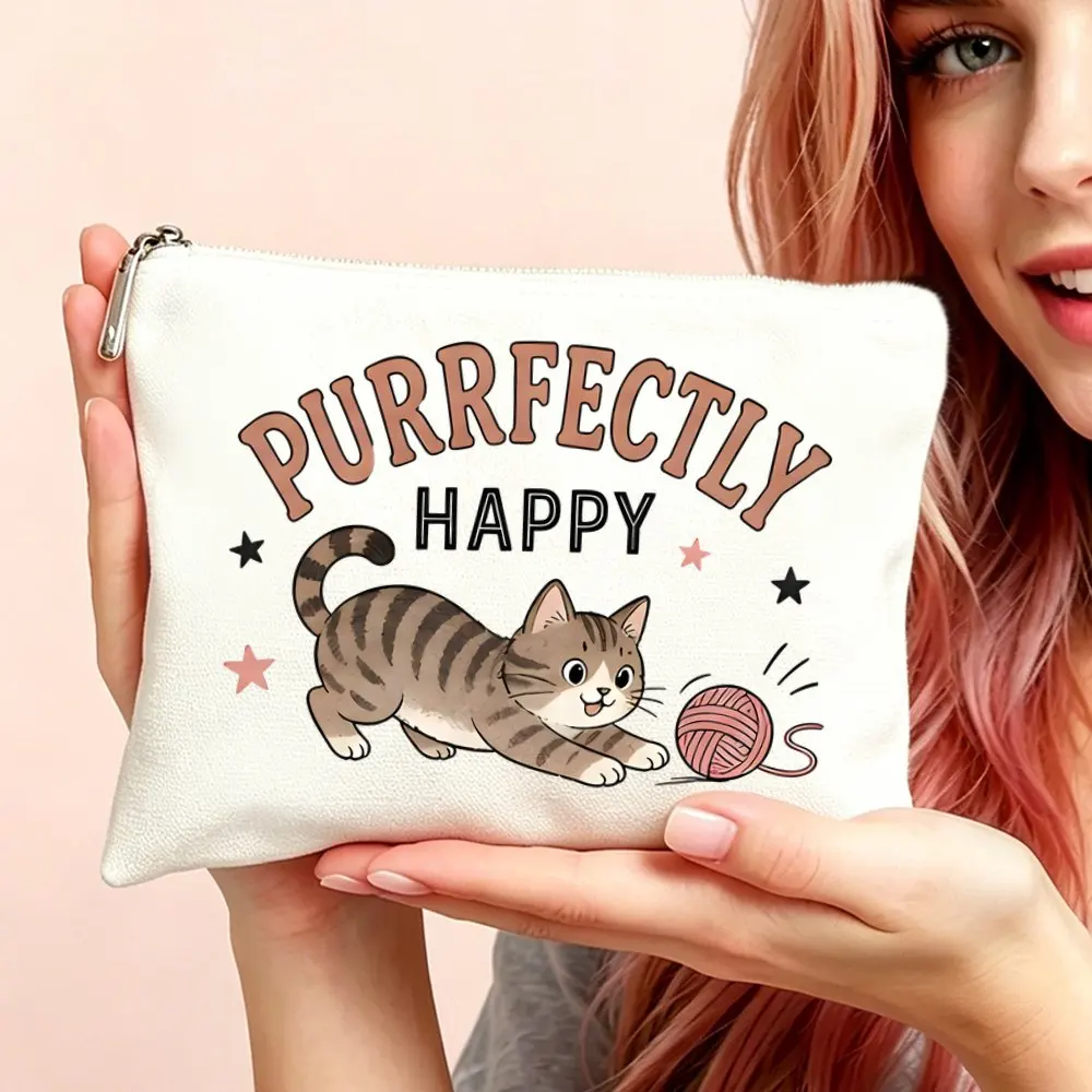 Makeup Cosmetic Bag and Toiletry Pouch Gift Bag for Women Purrfectly Happy Cat Print Cosmetic Bag for Mom Daughters Friends
