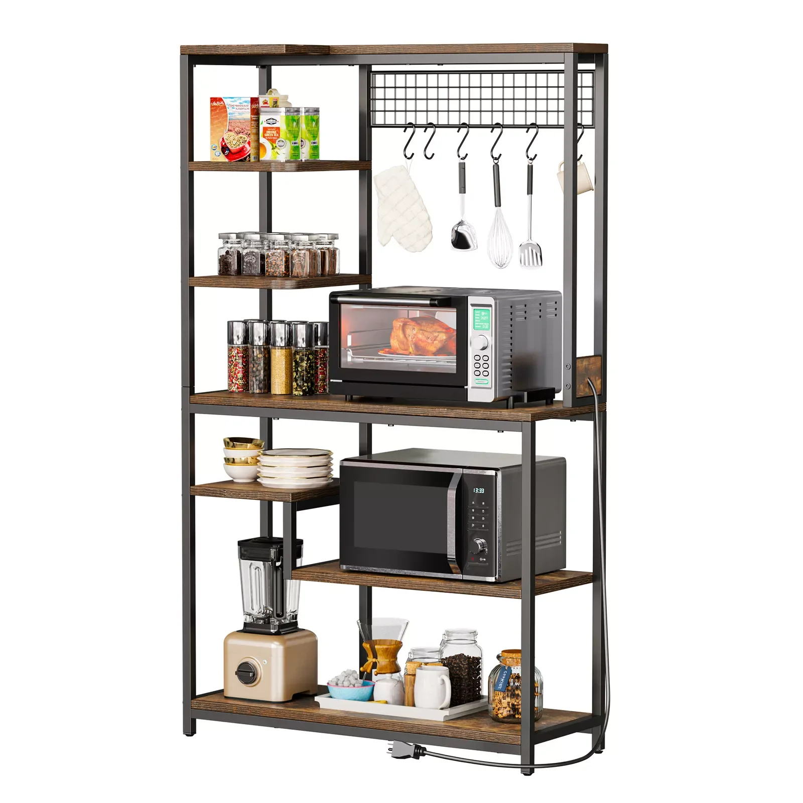 Kitchen Bakers Rack 39'' Coffee Bar w/Wire Panel & Power Outlet Microwave Stand