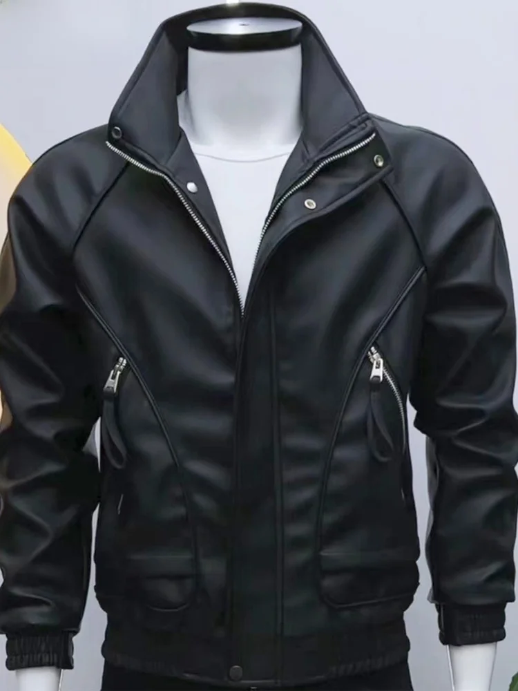 

Trendy Brand Men's Stand Collar Leather Jaet 2025 Autumn Winter New Sle High-End Korean Version Haome Jaet Top