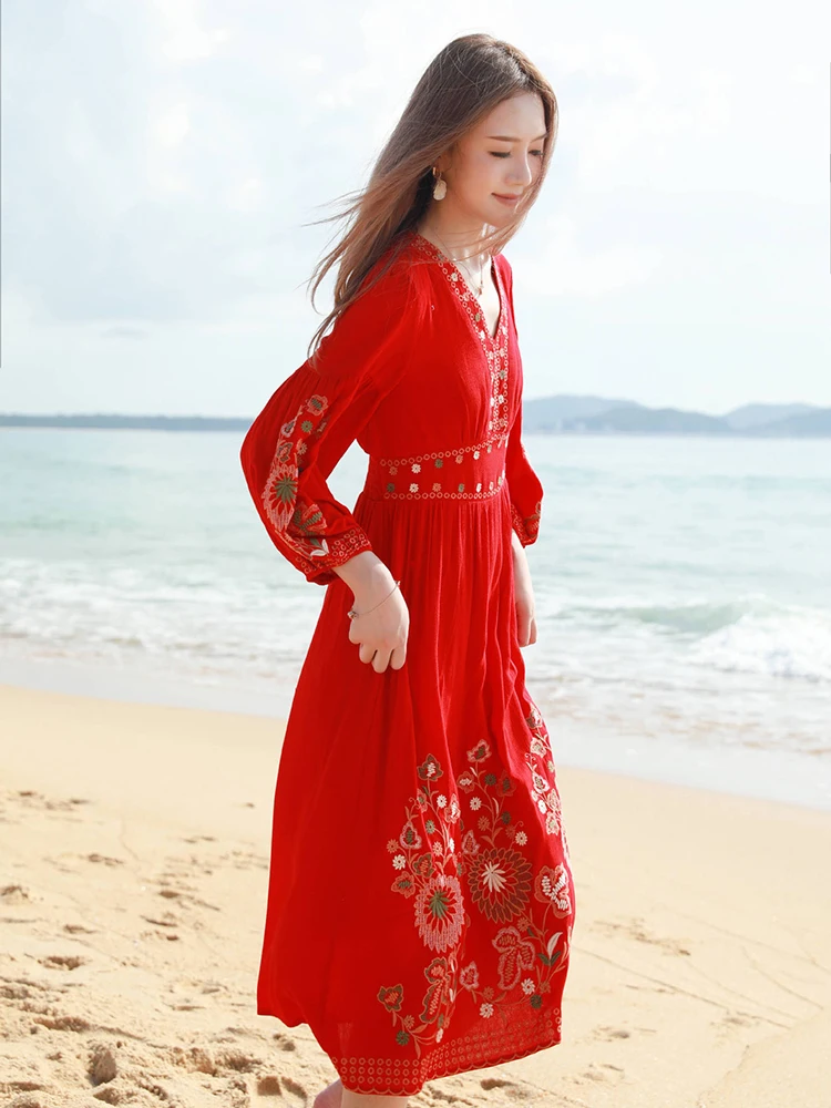 Gypsylady Floral Embroidery Boho Dress Cotton&linen V-neck Long Sleeve Vocation Beach Red Women Dresses Ladies Vestidos Robe New