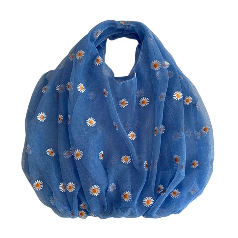 Organza Material Flower Embroidery Hand Bag Colorful Design Small Size Mesh Shopping Bags Mesh Cloth Single Shoulder