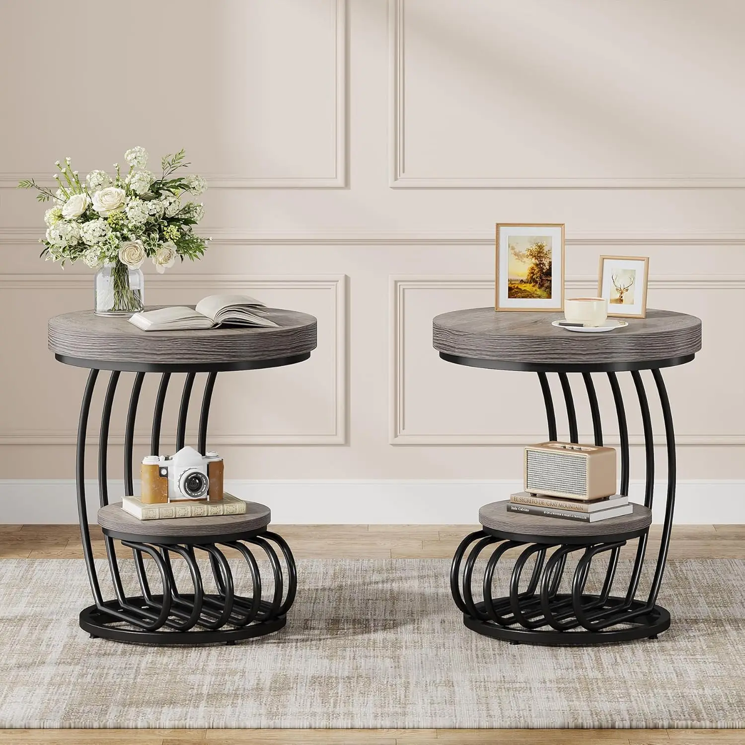 

Round 2-Tier Wood Side Table Set Shelf Storage Sofa Bedside Nightstand Living Room Grey, Customized