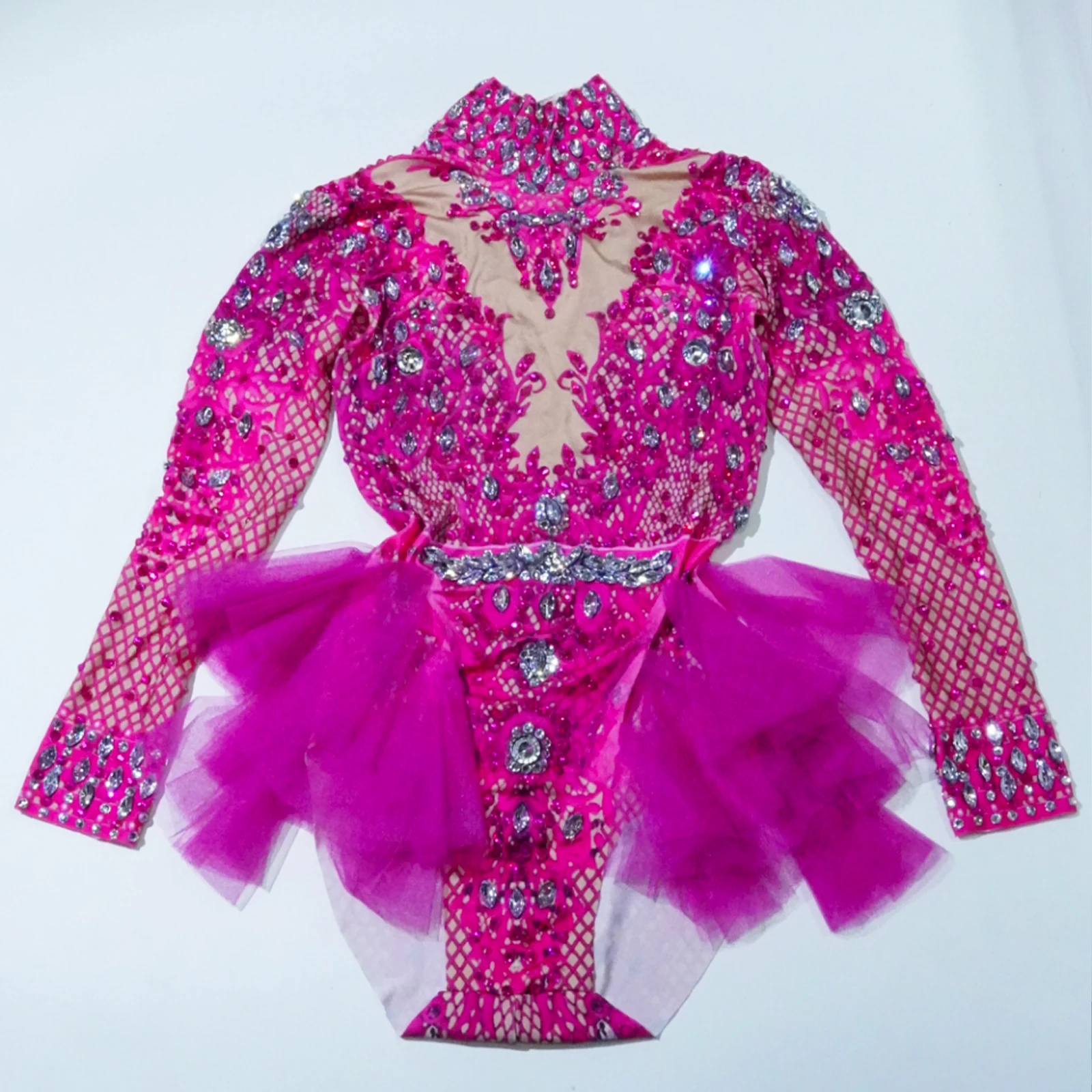 Sexy Pink Rhinestones Bodysuit Stage Outfit Long Sleeve Sexy Lace Club Party Birthday Leotard Pole Dance Team Drag Queen Costume