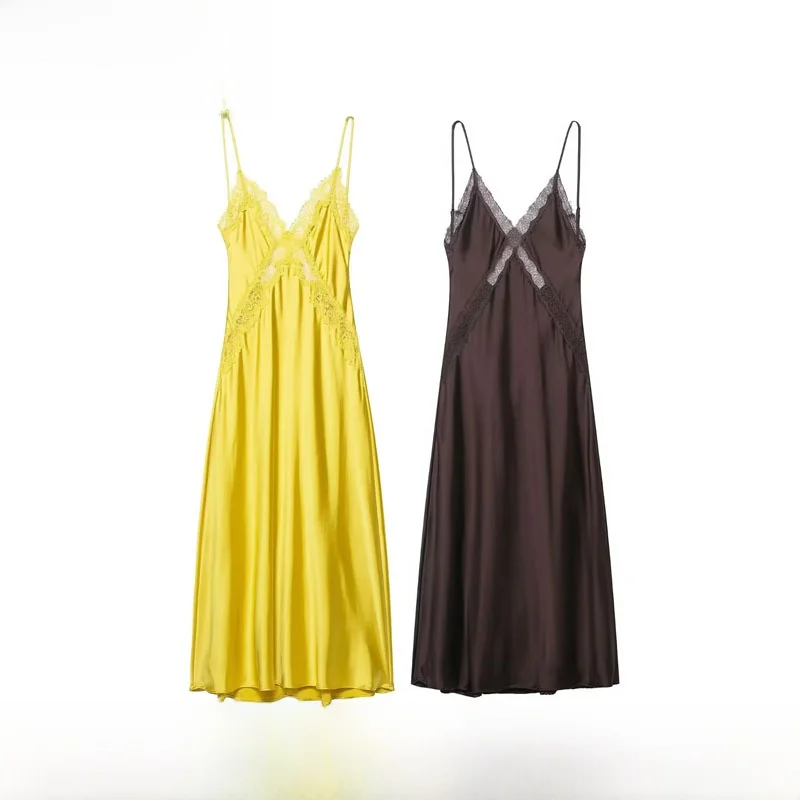 

Модное шелковое атласное платье миди Dr, женское кружевное платье с высокой талией, сексуальное летнее и осеннее новое поступление, платье для женщин