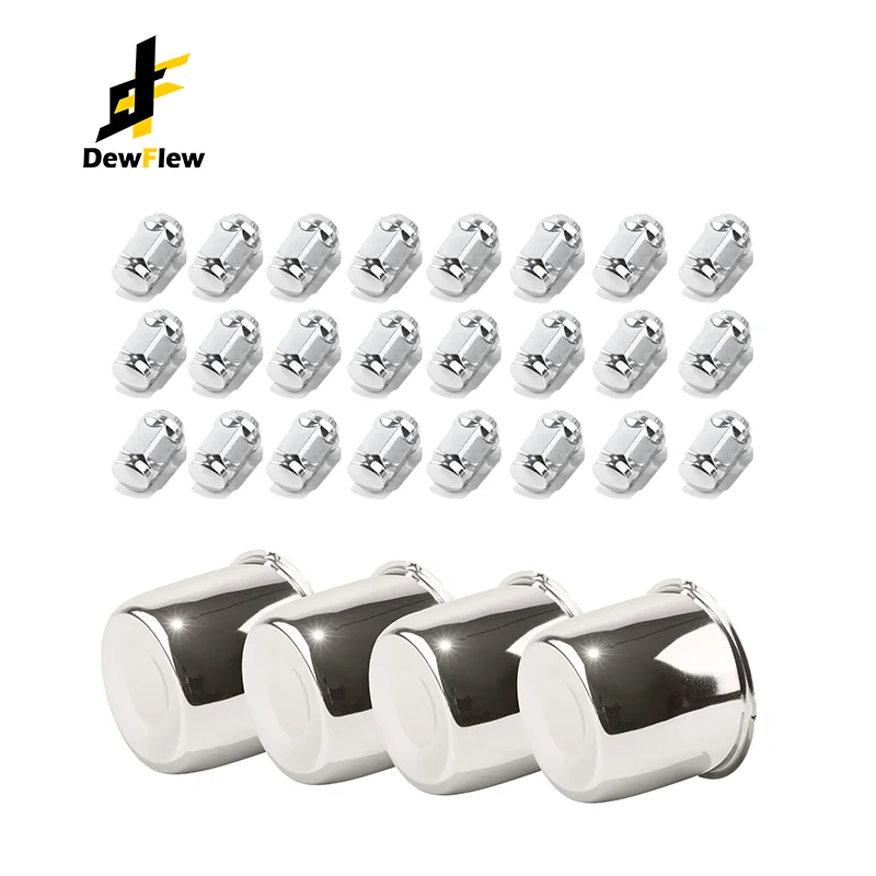 

DewFlew 12/24Pcs 1/2-20 Lug Nuts + 2/4Pcs Stainless 4.25 Push Through Center Caps For Truck SUV RV Wheel Rim Push Thru Steel