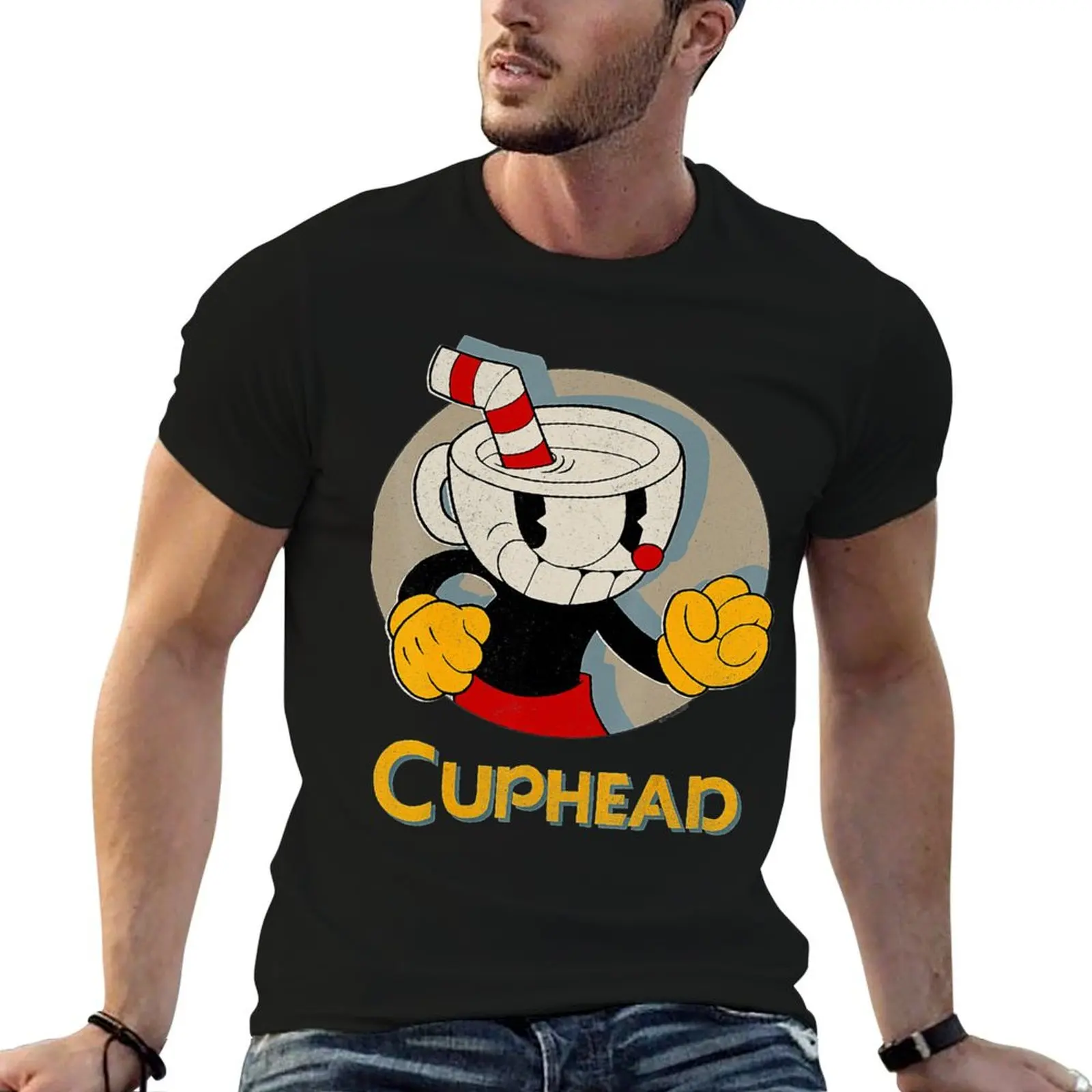 Cuphead Circle Shadow Profile Vintage T-Shirt Soft Durable Cotton T-Shirt