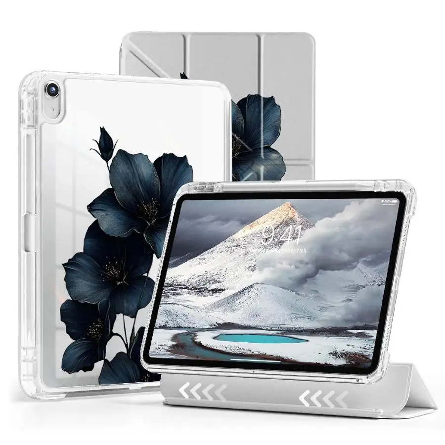 

Чехол-подставка для планшета iPad Air 4 5 M3 M2 M4 11 дюймов, Mini 6 7 Pro 2025, 11-го, 10-го, 9-го, 8-го, 7-го поколений, 12.9 дюймов, Y-Fold, черный, с цветочным узором