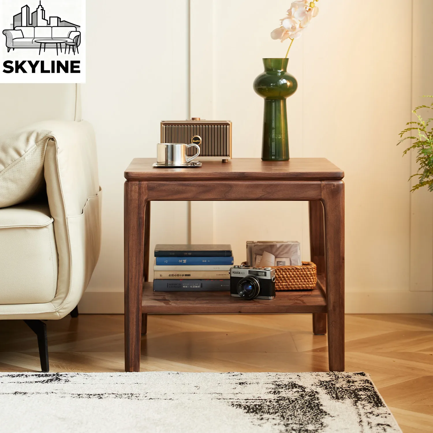 North American black walnut sofa edge few solid wood logs double-layer small coffee table medium ancient style