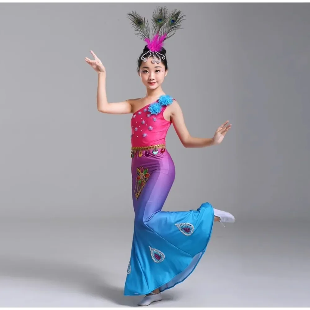 

New children's Dai dance dress Girl peacock dance performance dress children's national dance practice dress fishtail skirt