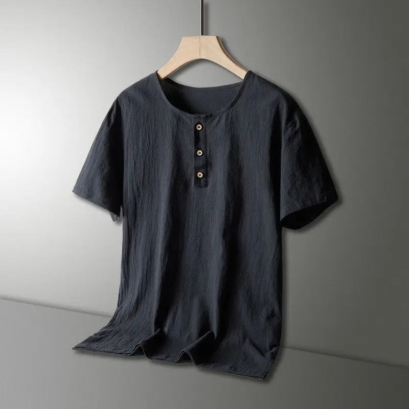 Linen short-sleeve shorts set for men, Chinese-style loose round neck summer fashion casual sportswear