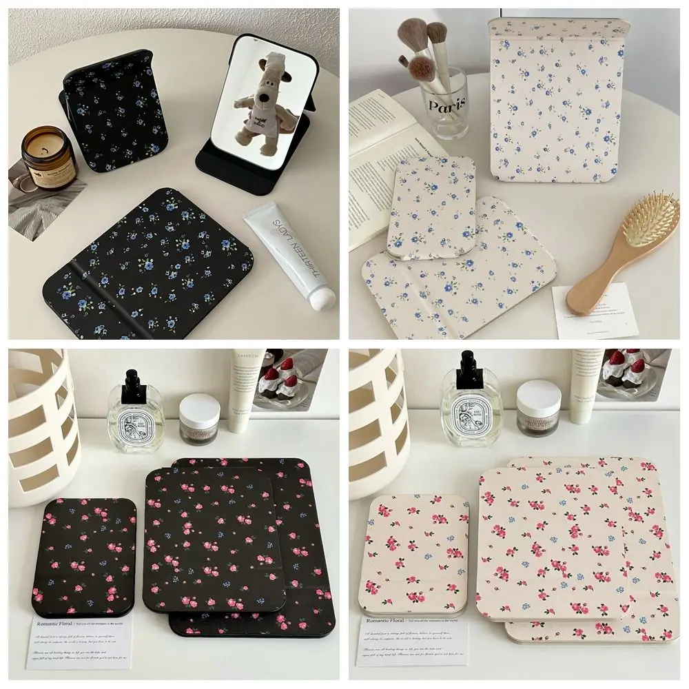 Pu lederen desktopstandaardspiegel Compacte cosmetische spiegel Bloemvouw make-upspiegel Opvouwbare lichtgewicht make-upspiegel Unisex