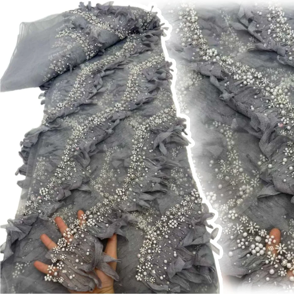 

2026 5 Yards African 3D Lace Fabric High Quality Nigerian Mesh Beaded Sequin Lace Fabric for Women Party Wedding Dresses 2209