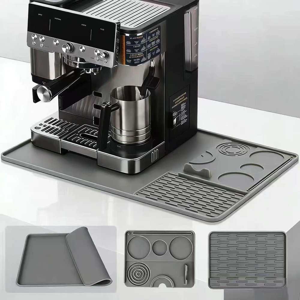 Silicone Coffee Mat 3-in-1 Removable Mat Suitable for Home Espresso Machines Large Anti-Slip Use to Keep Clean Grey Black Pad