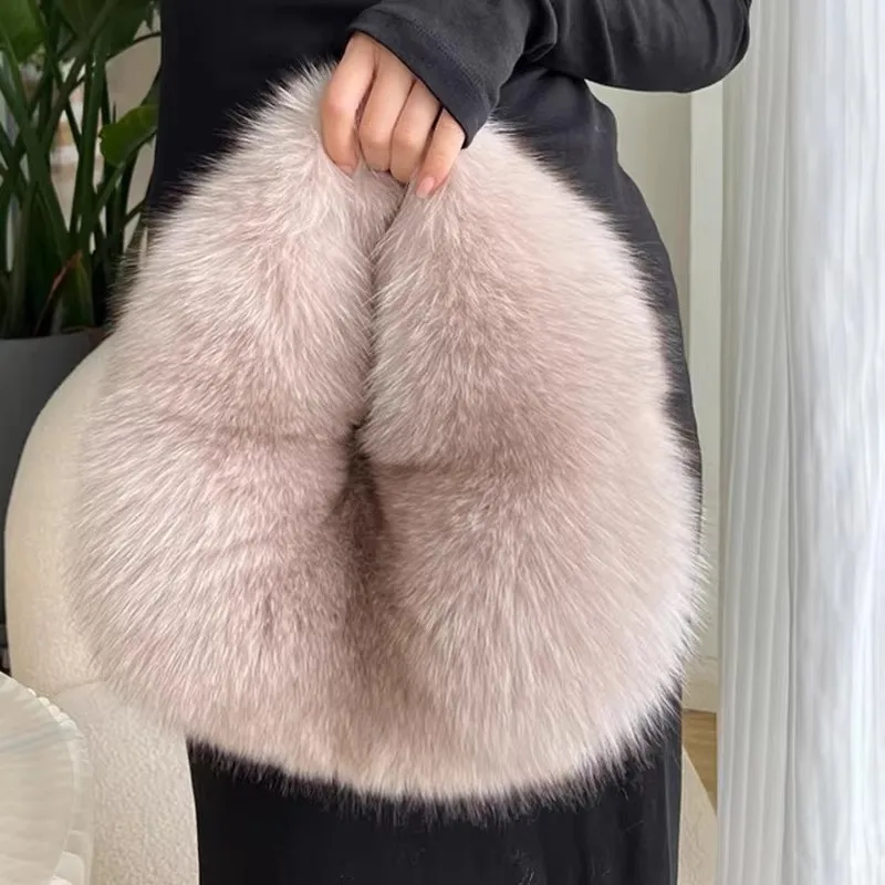 Fashion Soft Plush Half Moon Bags for Women Designer Fluffy Faux Fur Lady Handbags Luxury Small Tote Female Winter Purses