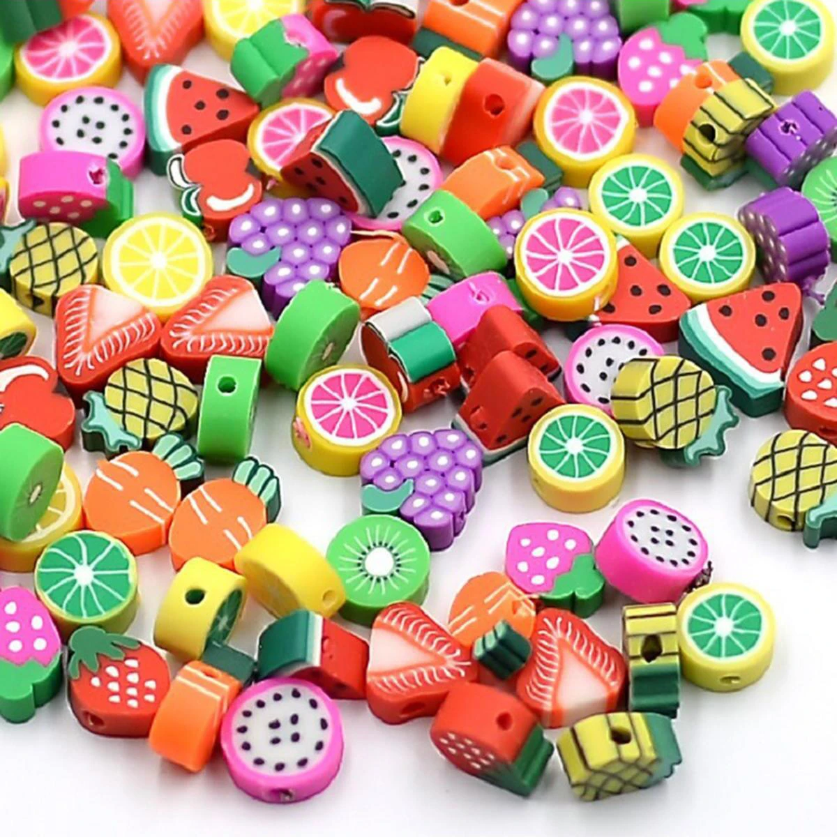 200/100pcs 9-11mm Random Styles Summer Fruit Shape Beads, Polymer Clay DIY Charms for Bracelet, Necklace, and Jewelry Making