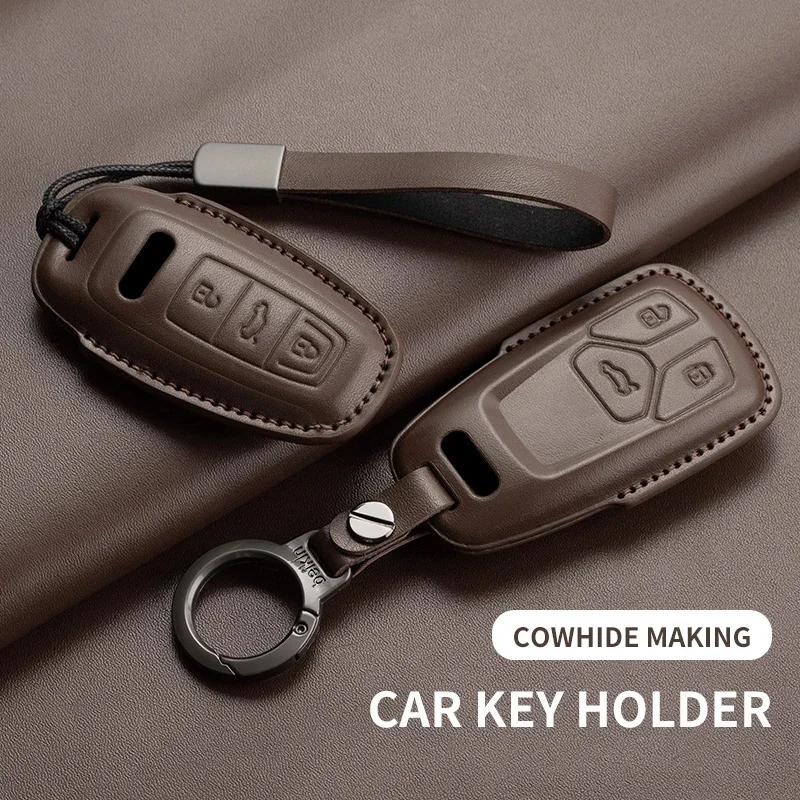 

Leather Car Key Case Cover For Audi A4L A5 Q7 TT TTS A3 A4 B9 A6 A7 4K A8 E-tron Q5 Q8 C8 D5 SQ8 Car Keychain Accessories