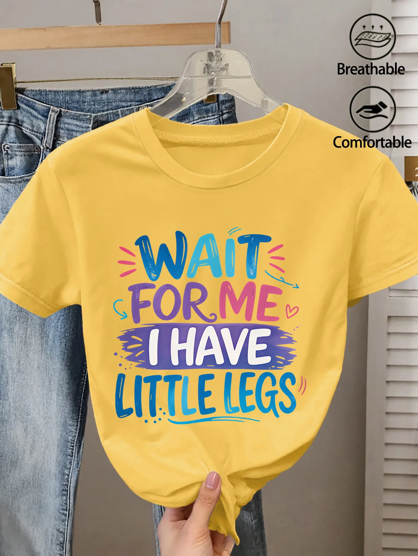 Ladies' Round Neck WAIT FOR ME I HAVE LITTLE LEGS Colorful Hand-painted Text Printed T-shirt for Daily Commuting Playful Top