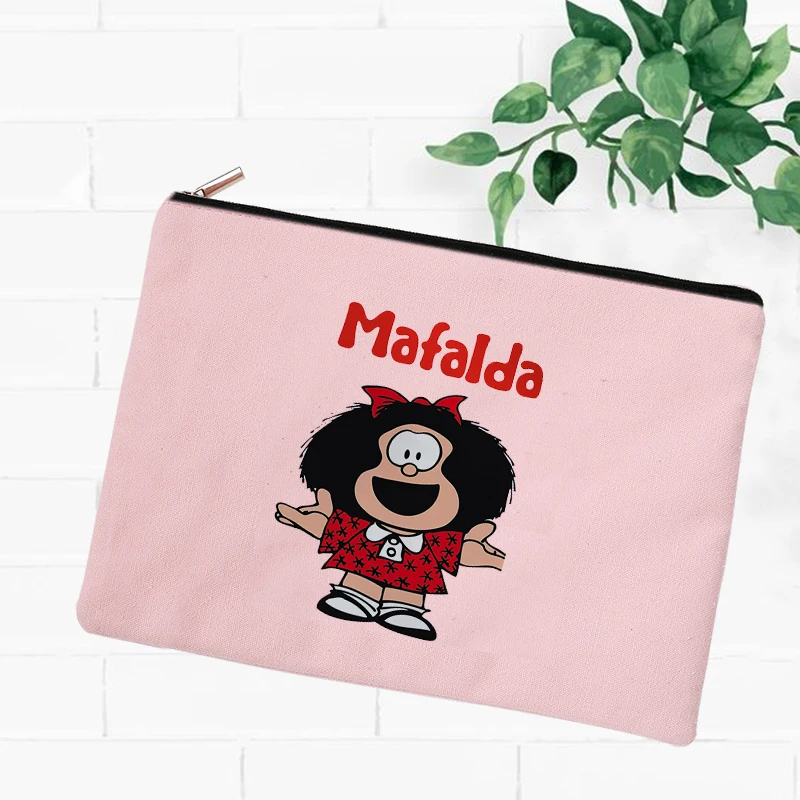 Mafalda-لطيف الكرتون طباعة قماش الحقيبة التجميل ، حقيبة ماكياج الجمالية الإناث ، حقيبة مستحضرات التجميل الوردي ، والسفر حقائب امرأة بالضبط طبق الاصل