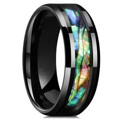 8MM Fashion Men Black Stainless Steel Rings Inlay Rainbow Abalone Shell Rings For Men Women Wedding Band Jewelry Drop Shipping