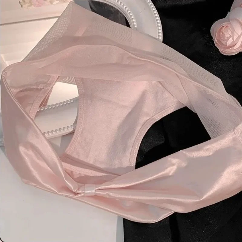 French Style Satin Women\'s Hollow Underwear New Sexy Famale Scarless Thin Triangle Panties Ice Silk Solid Color Sweet Briefs