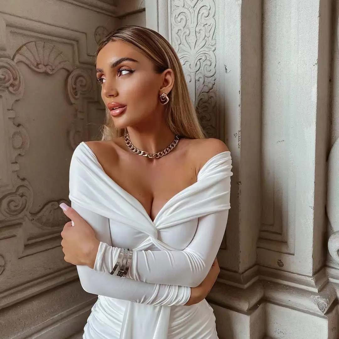 Robe plissée transfrontalière pour femmes, Streamer, Sexy, col en v, épaules dénudées, manches longues, nouvelle collection automne et hiver 2025