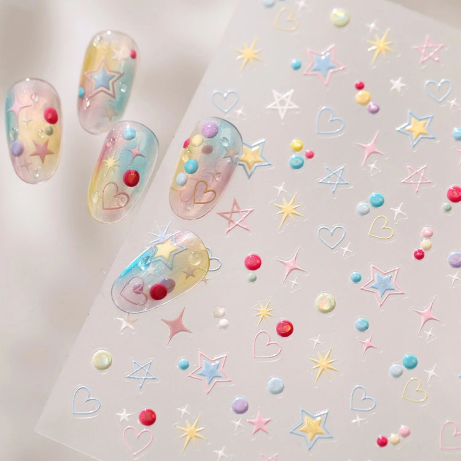 Dopamine Niedliche Nagelaufkleber 5D Macaron Stern Fünfzackiges Herz Polka Dot Süße Nagelkunst-Sticker Maniküre-Zubehör für Frauen DIY
