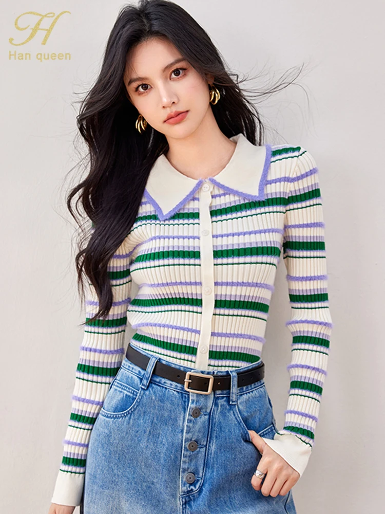 H Han Queen Autumn Winner Tops Colorblocked Stripe Korean Style Women\'s Clothing Vintage Casual Stretch Knitted Sweaters Women