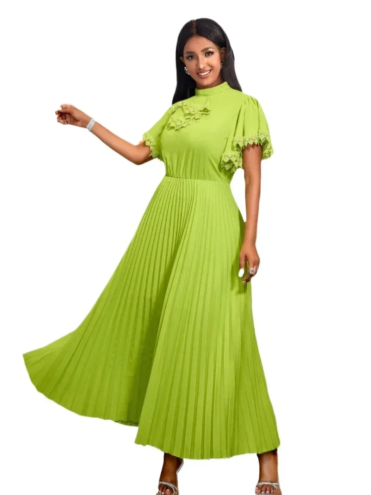 

Green Flattering Dresses Women Mock Neck Short Ruffles Sleeve High Waist A Line Pleated Causal Office Evening Long Gowns