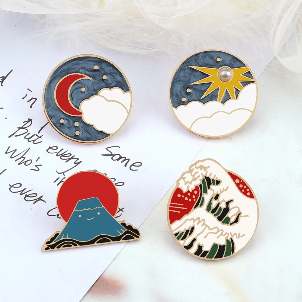 Beautiful Sky Sun Moon Sea Wave Volcano Enamel Pins Fashion Natural Beauty Scenery Brooches Coat Lapel Pin Badges Jewelry Gift