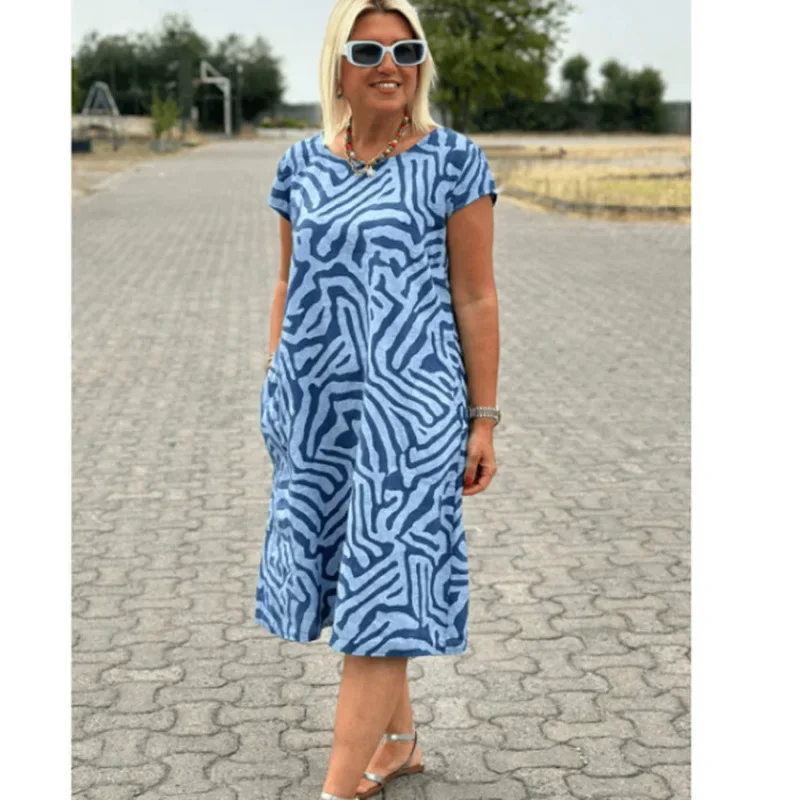 Zebra Print O-neck Rayon Midi Dress Women's Short Sleeves Loose Casual Boho Vintage Dresses for Women Robe Femme