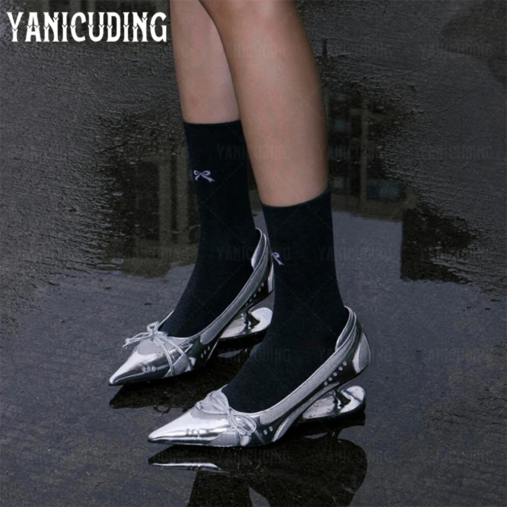 Futuristic Silhouette Novelty Sneakers Sculptural Cutout Heel Pointed Leather Shoes Bow Detail Strange Heels Black Silver White