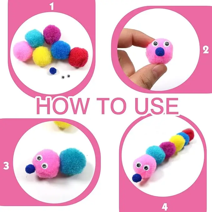 Pompones surtidos de 0,6 pulgadas, bolas de pompones peludos multicolores, suministros de arte con ojos de movimiento para decoraciones artesanales DIY