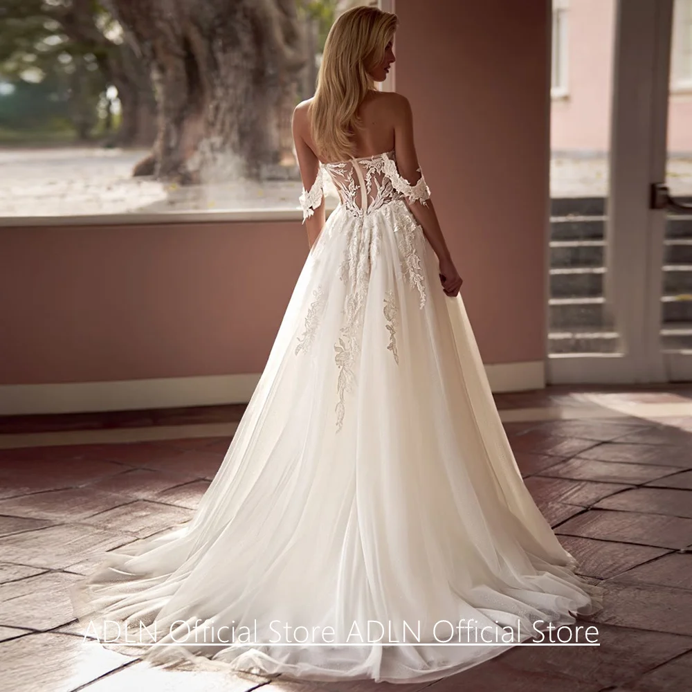 Sexy Boho Wedding Dress Customized Off The Shoulder Sweetheart See Through Body Applique Slit Soft Tulle Bridal Gowns